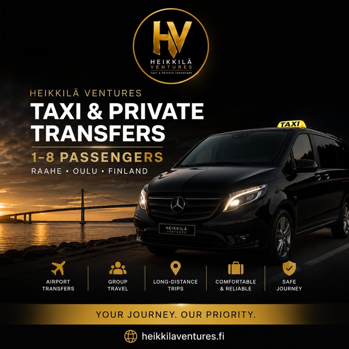 Heikkilä Ventures – musta Mercedes-Benz tilataksi 1–8 matkustajalle